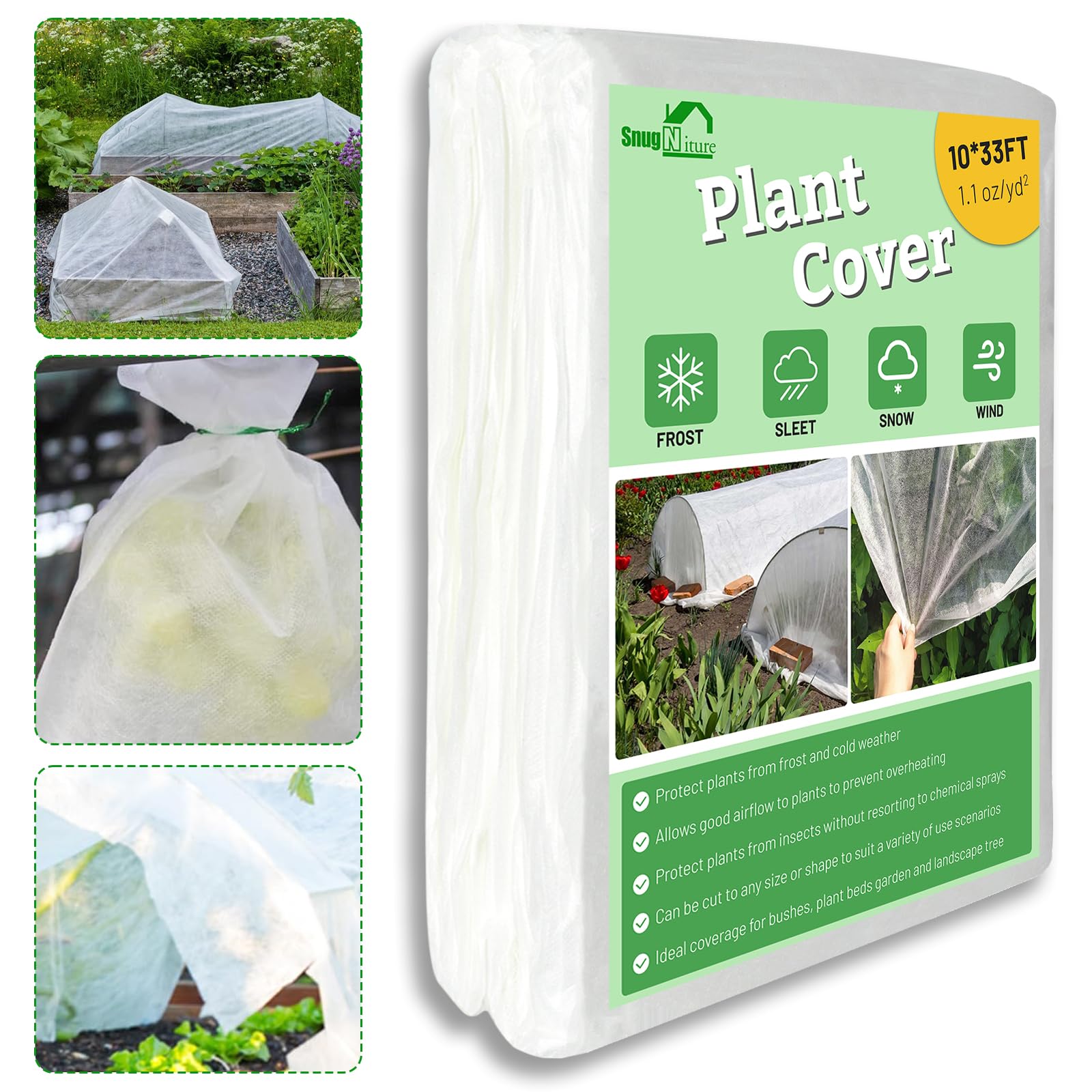 SnugNiture frost blanket on a 10x33ft garden bed provides winter protection for crops.