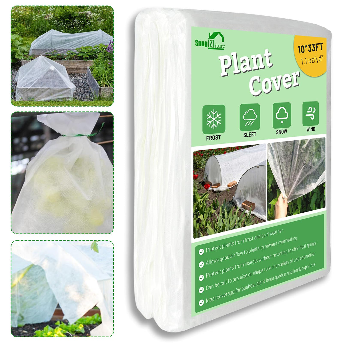 SnugNiture frost blanket on a 10x33ft garden bed provides winter protection for crops.
