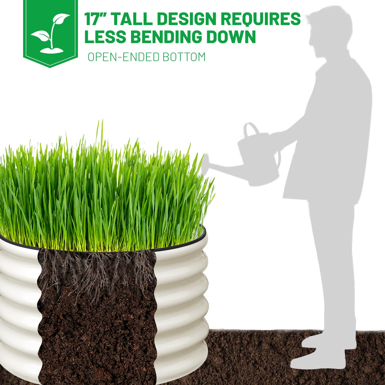 SnugNiture round galvanized raised bed at 17 inches tall supports healthy root growth.
