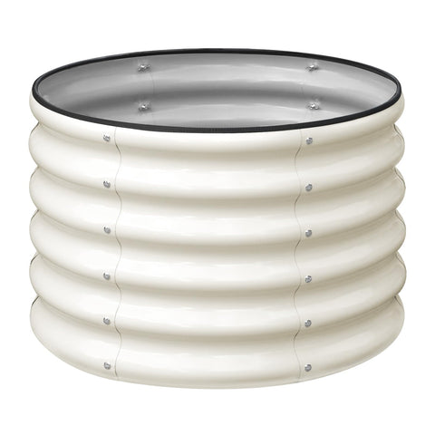 SnugNiture round galvanized raised bed with open base for drainage and long outdoor use.