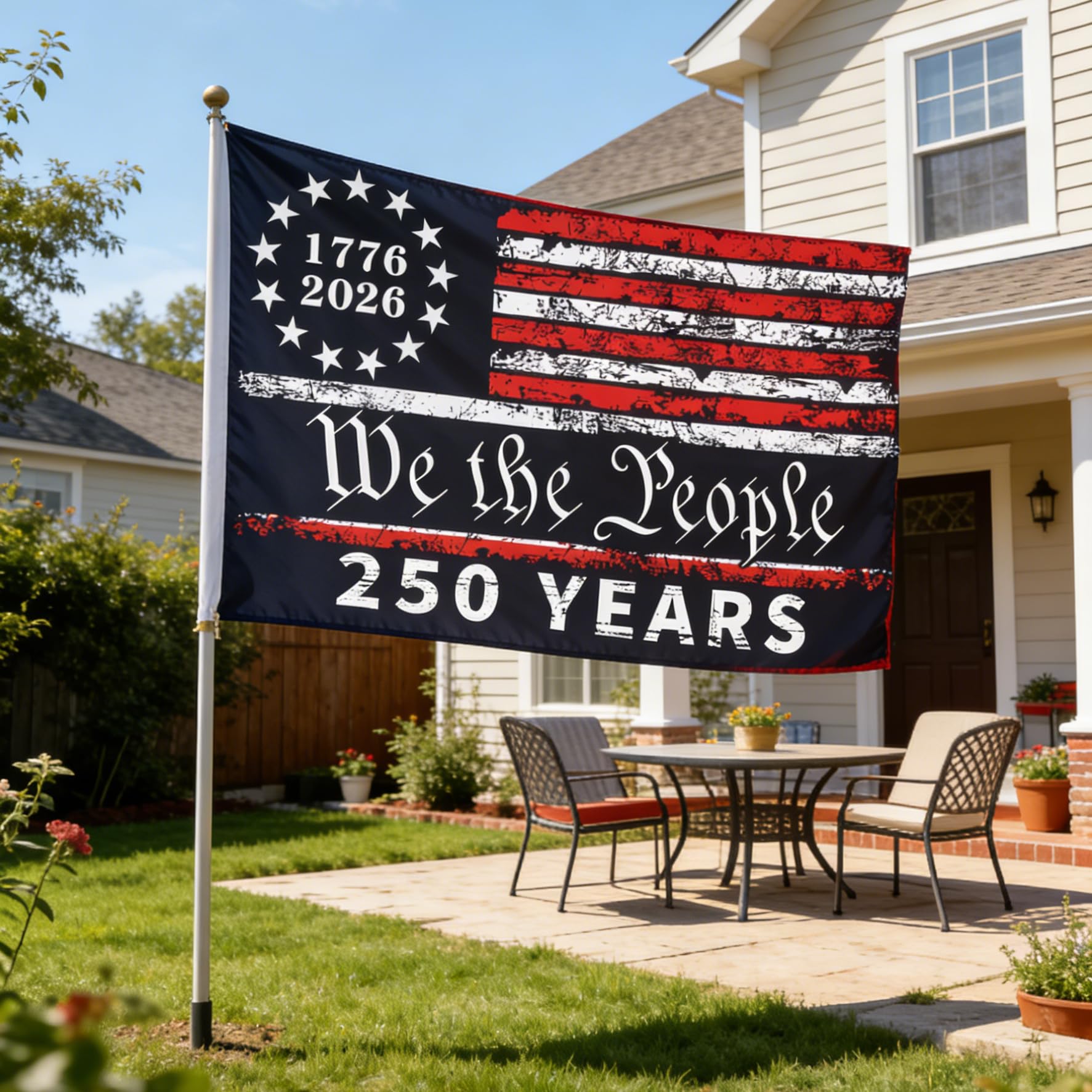 Snungee 250 Year flag 3x5 used as a photo backdrop for events