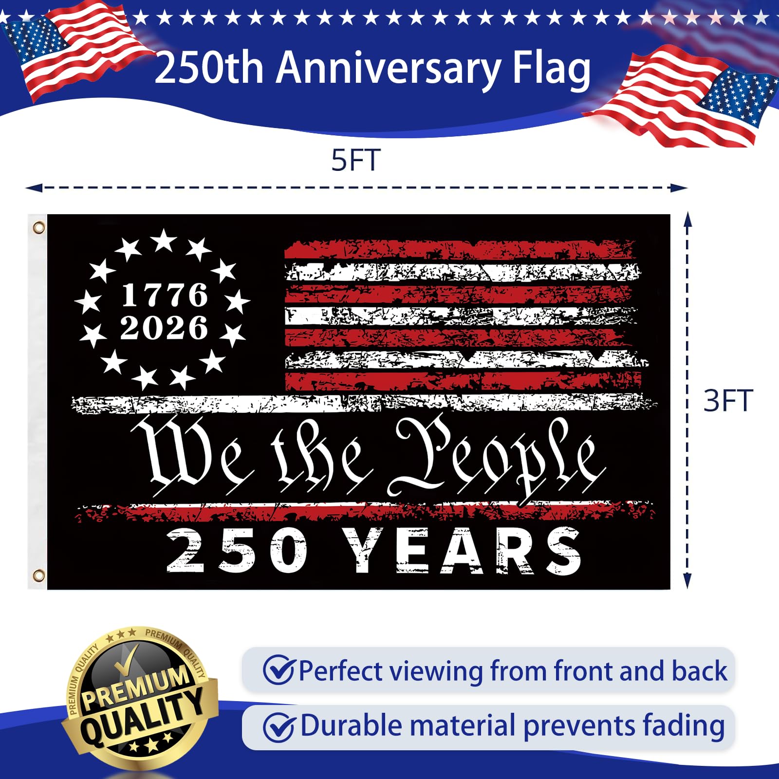 Snungee 250 Year flag 3x5 featuring We the People design and stripes