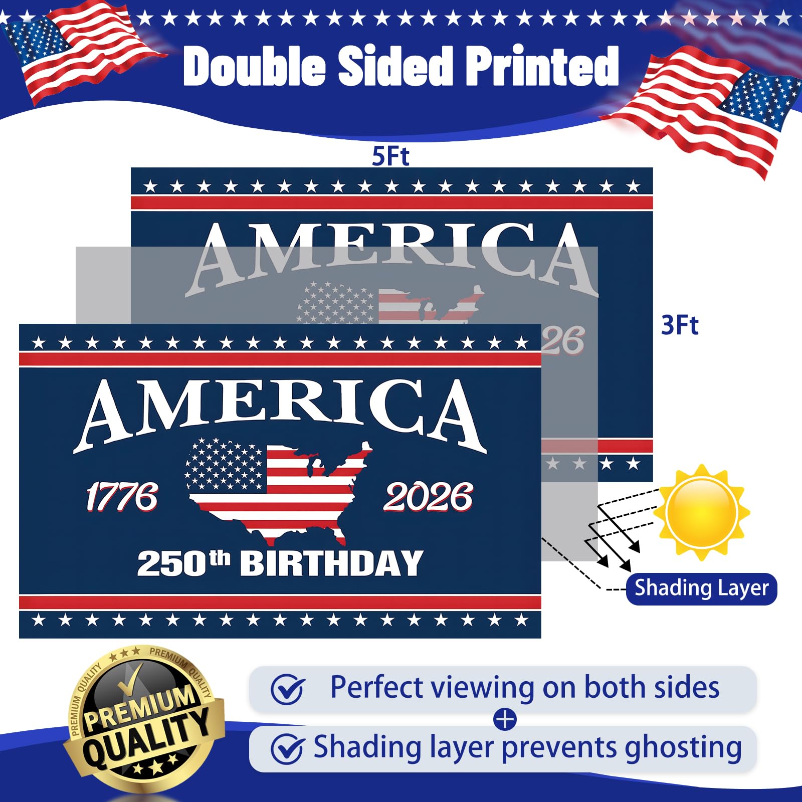 Snungee 250th Anniversary flag, double-sided detail, vibrant colors for day and night visibility
