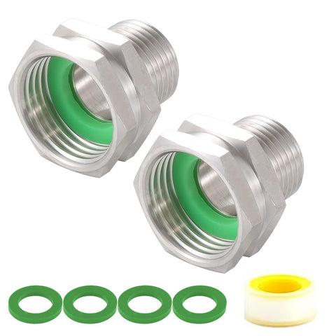 SNUTUYA 304 stainless steel garden hose adapter showing leak-free 3/4 GHT to 1/2 NPT connection.