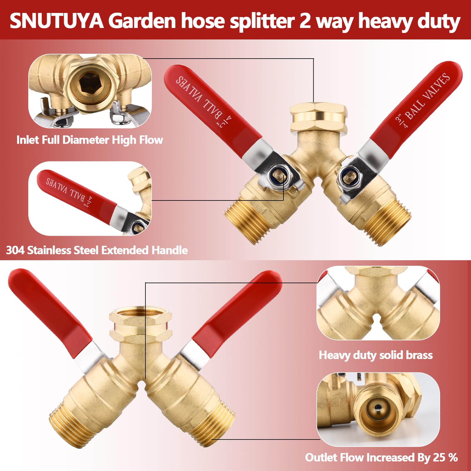 SNUTUYA garden hose splitter with long red handle for easy control at a glance