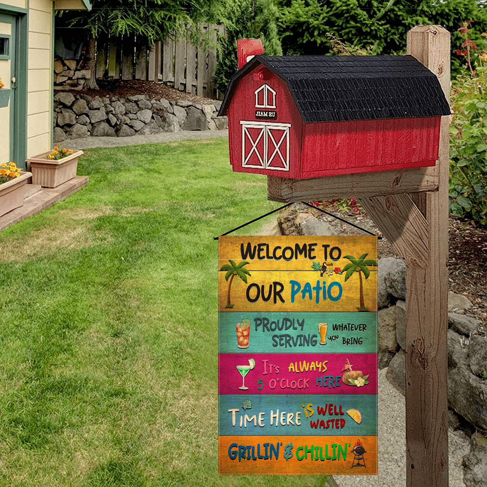 Snycler Welcome Patio Flag fits standard garden flag stands.