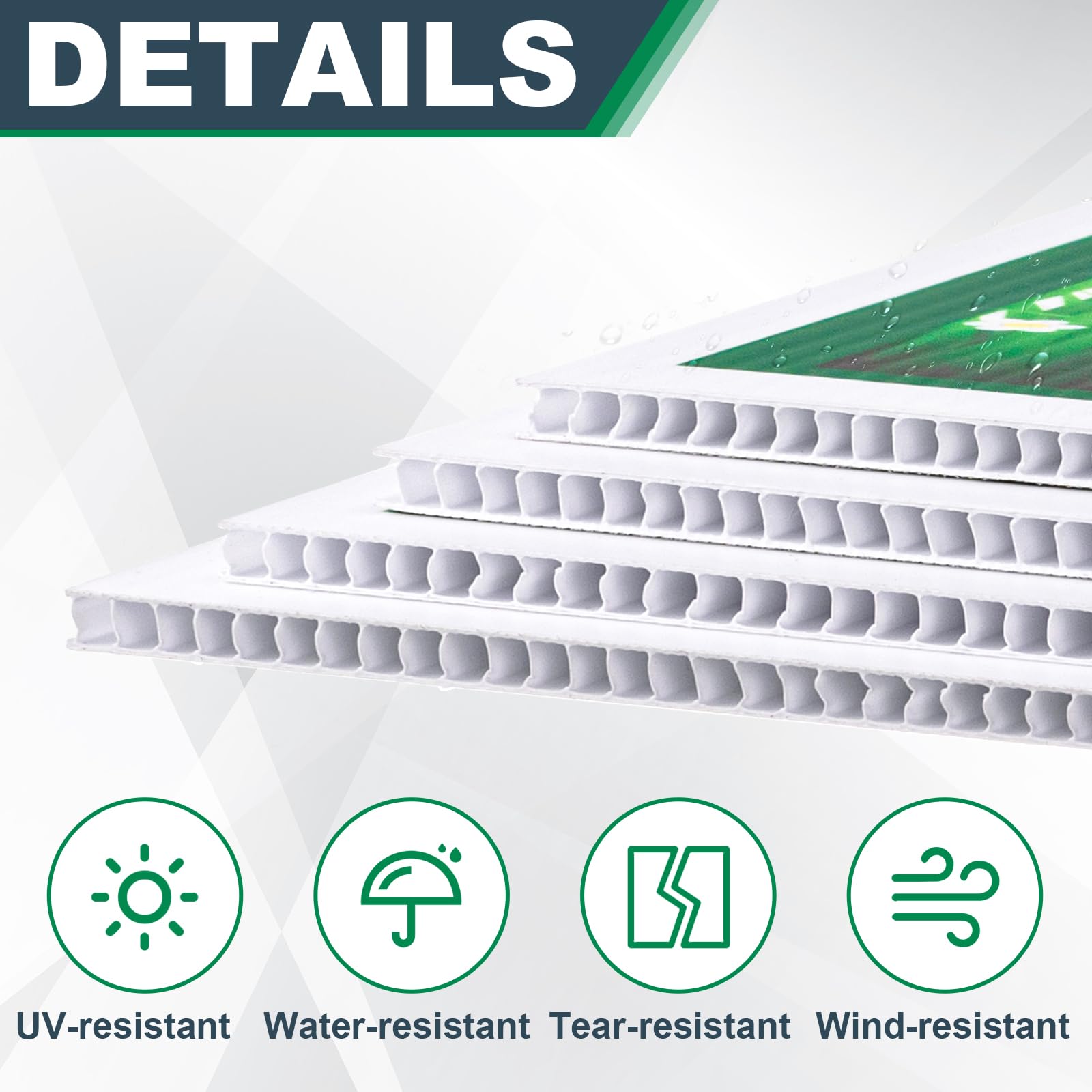 Soaoo corrugated plastic sign close-up highlights waterproof, reusable material.