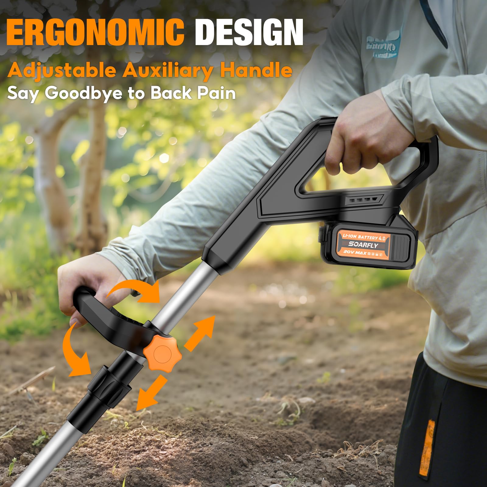 SOARFLY compact ergonomic tiller designed for easy maneuver in tight spaces.