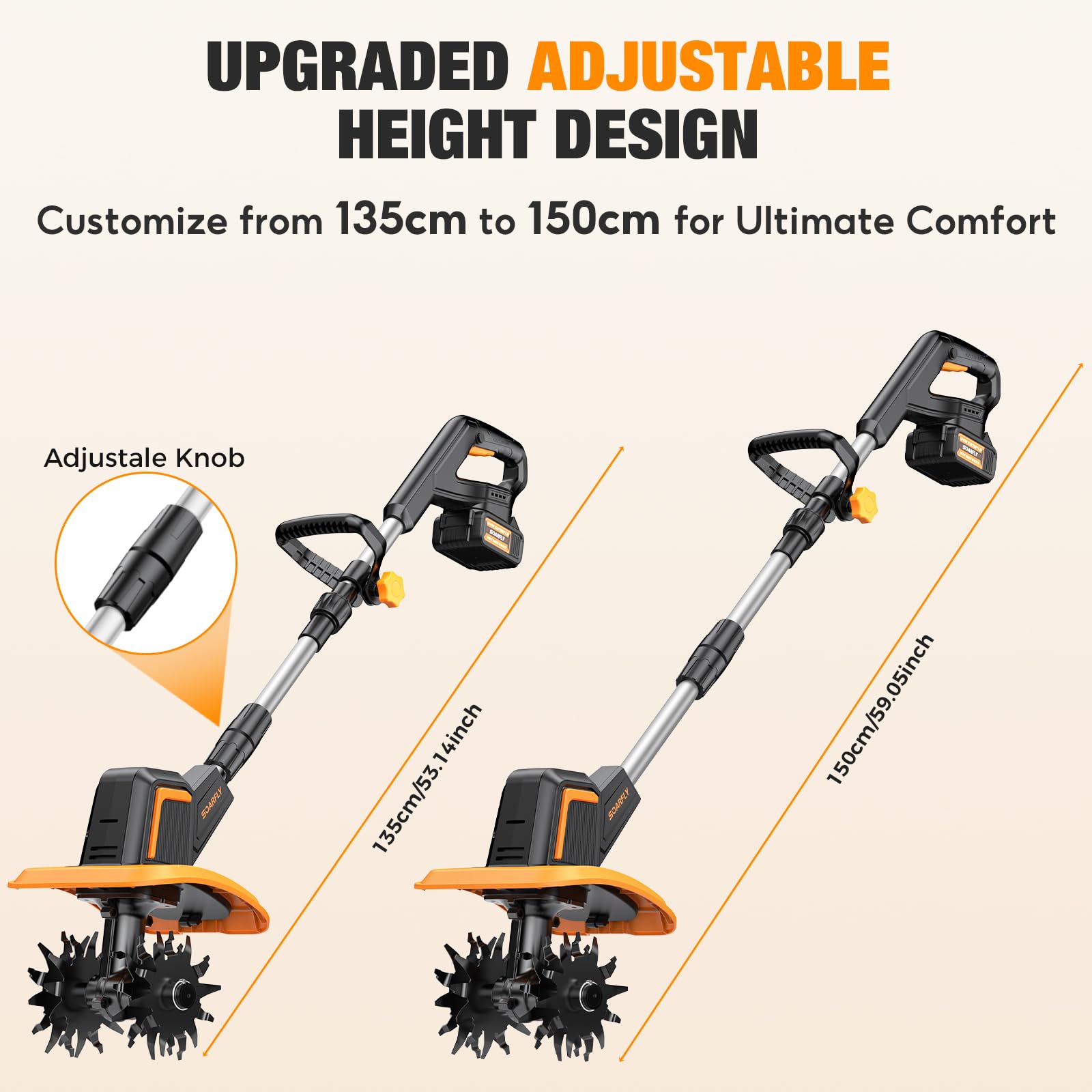 SOARFLY cordless tiller in action, showing freedom from cords during use.