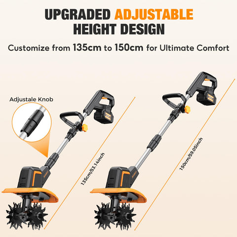 SOARFLY cordless tiller in action, showing freedom from cords during use.