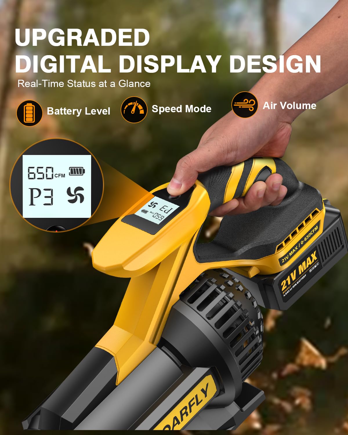 SOARFLY cordless blower with 650 CFM blasts through large yards.
