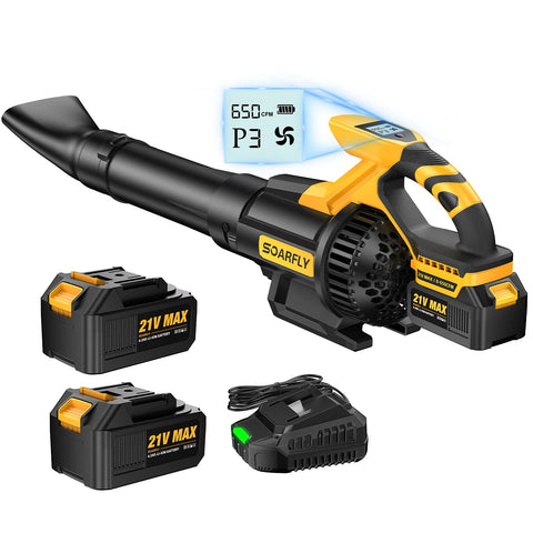 SOARFLY leaf blower LCD display shows speed, gear, and battery at a glance.