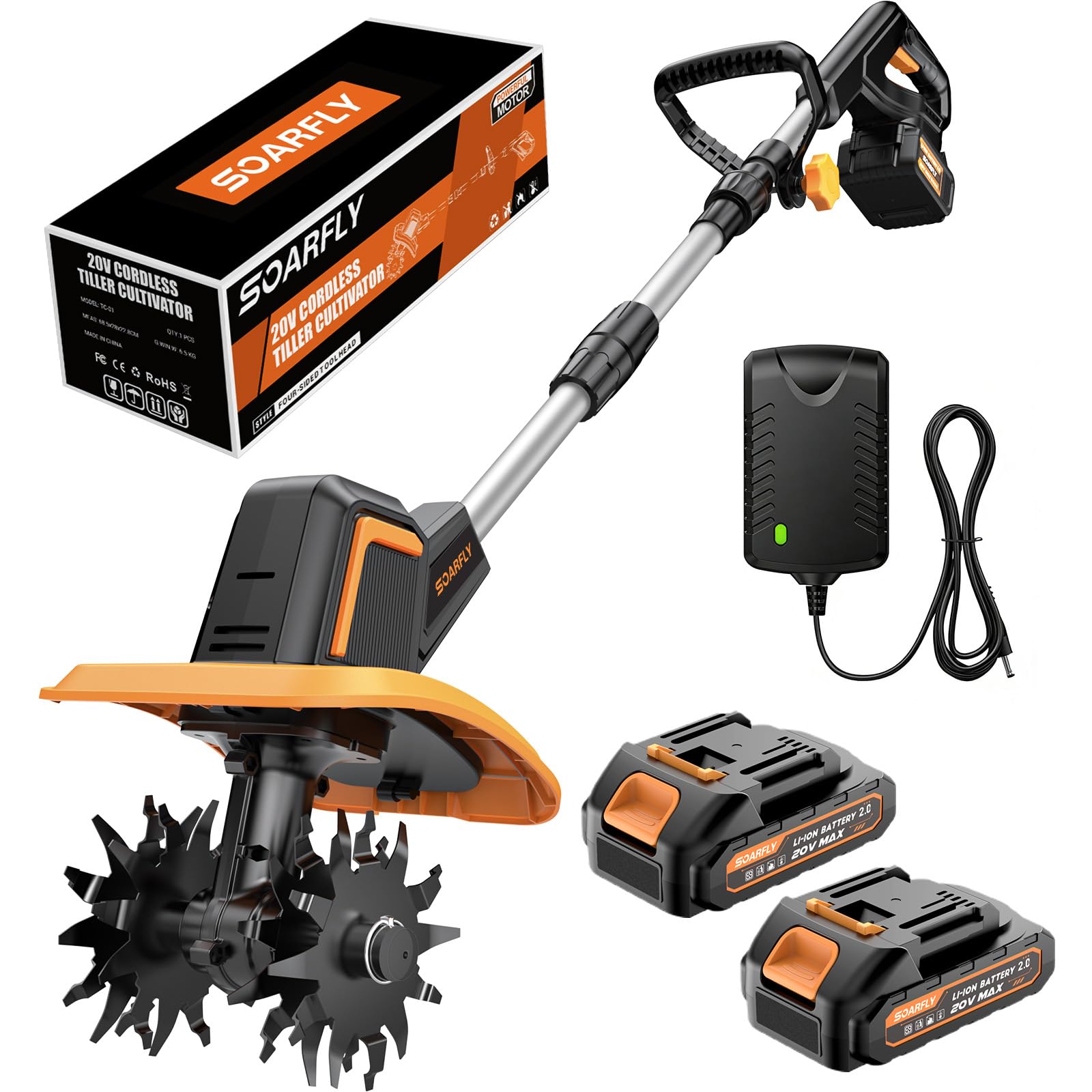SOARFLY upgraded cordless tiller with battery setup for longer garden sessions.