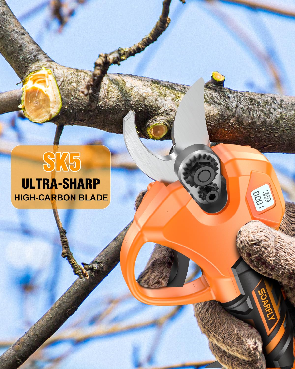 SOARFLY pruning shears LCD display close-up showing battery status and cuts