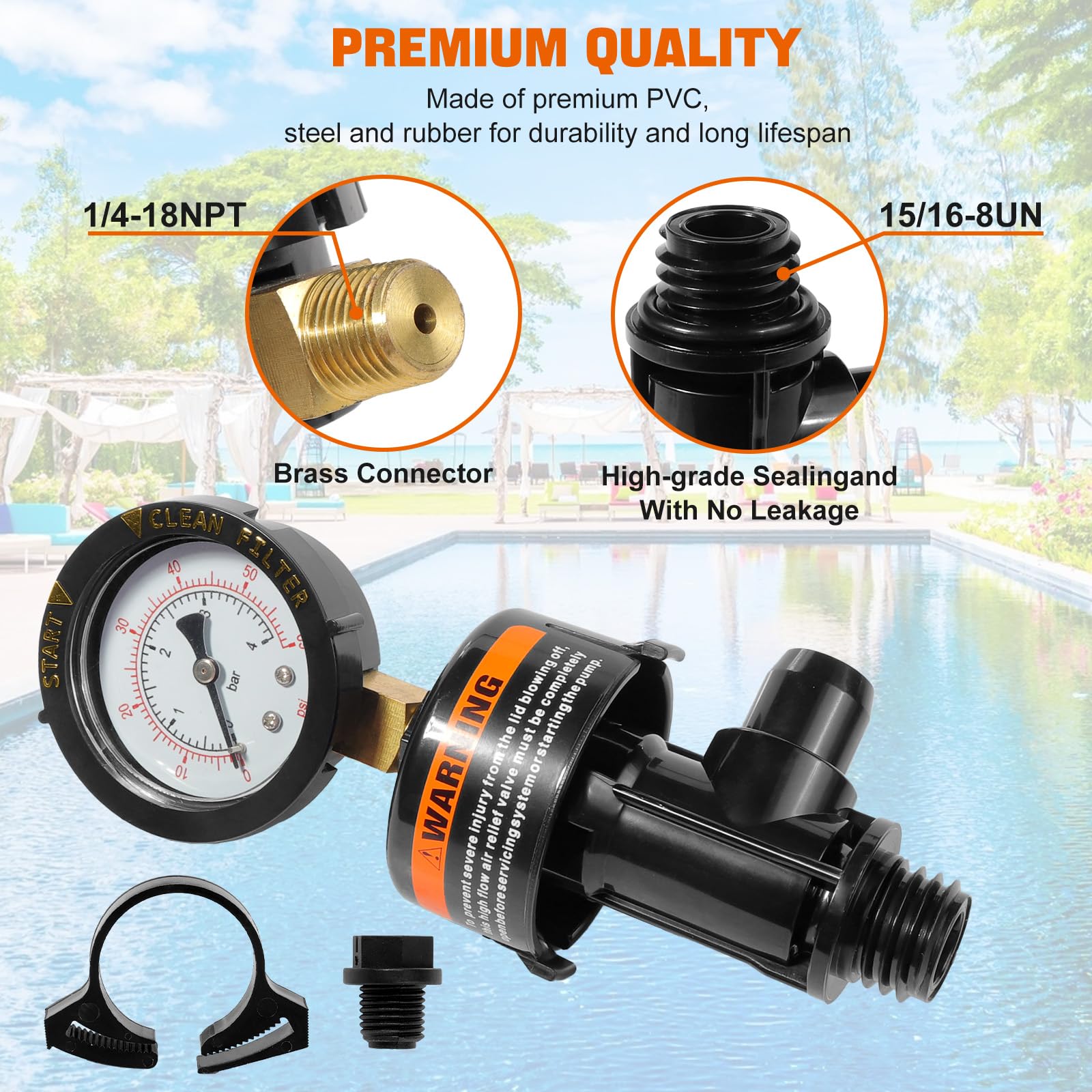 SOASEMBE 98209800 packaging includes valve, gauge, tape, clip, manual, and O‑ring.