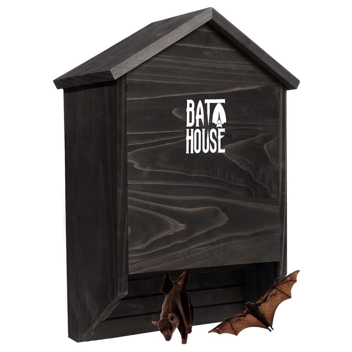 Sobalai bat house mounted on wood exterior with two chambers for roosting, supporting natural pest control.