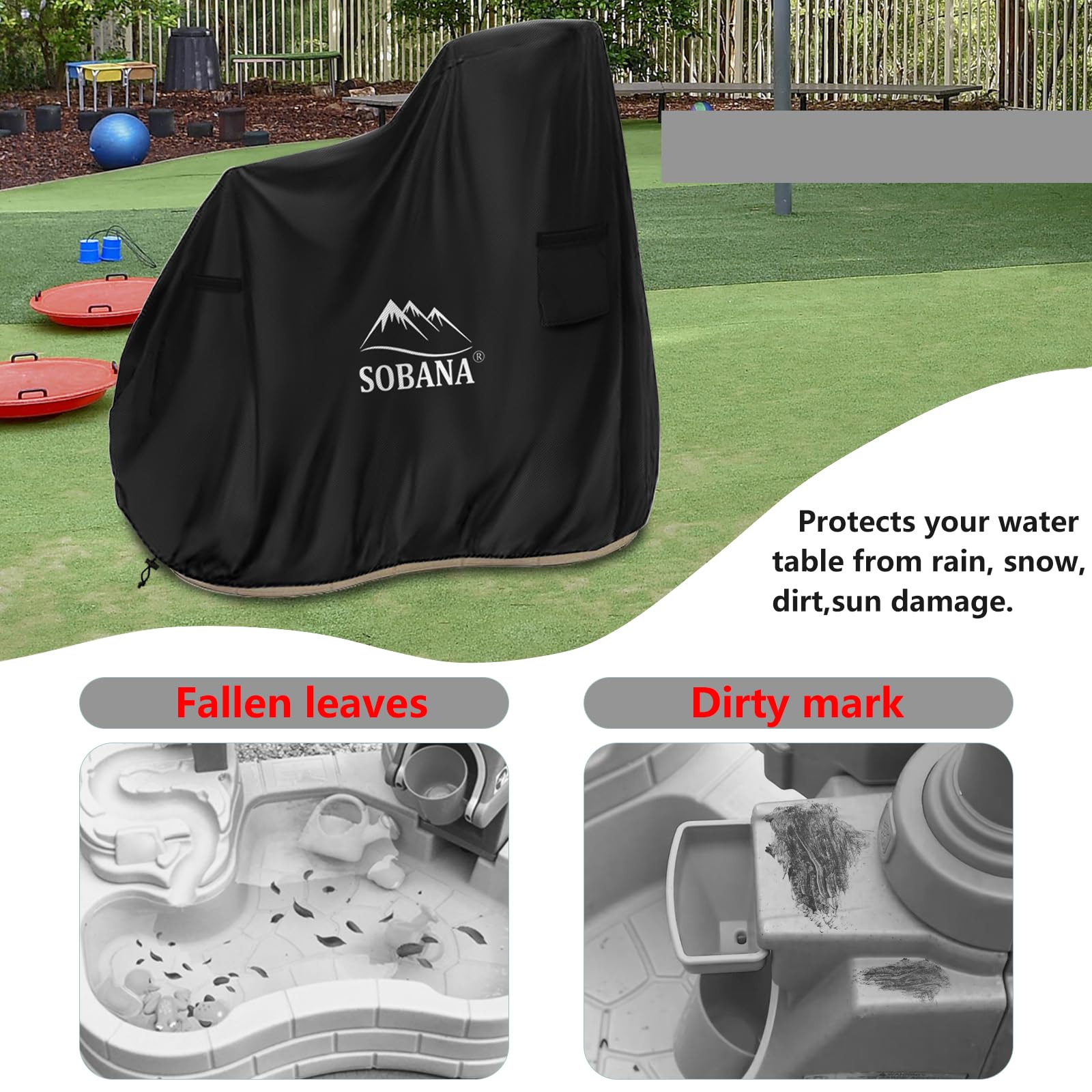 Sobana kids water table cover drawcord demonstrates snug, wind-proof fit for outdoor use.