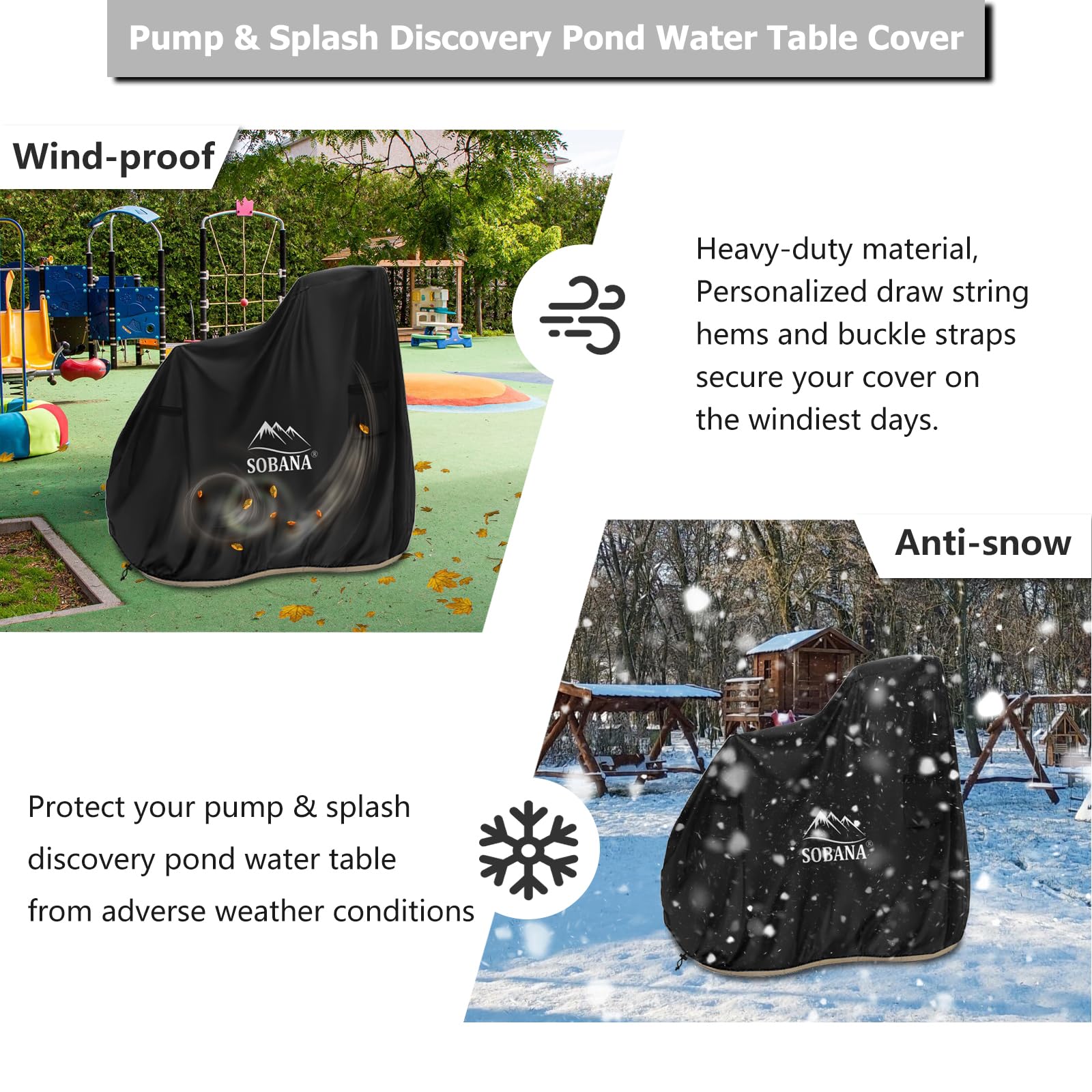 Sobana kids water table cover packaging showcases included details and size.