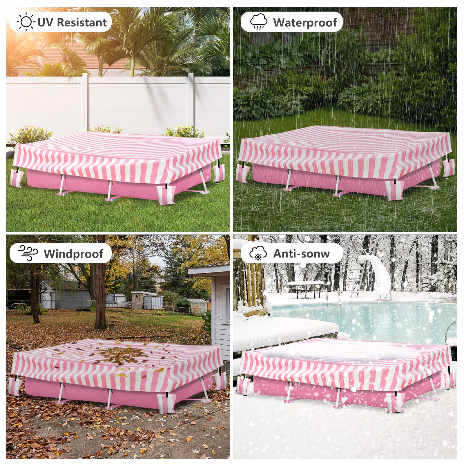 Sobana pool cover on rectangular frame demonstrates durable stitching and fit