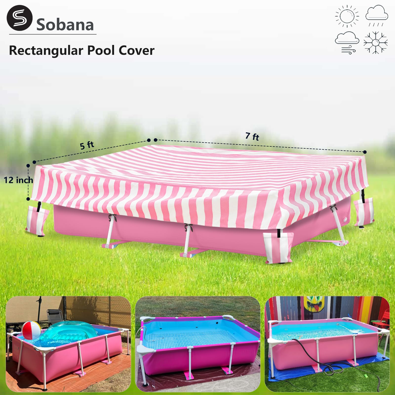 Sobana pool cover with tie-down ropes enhances stability during windy days