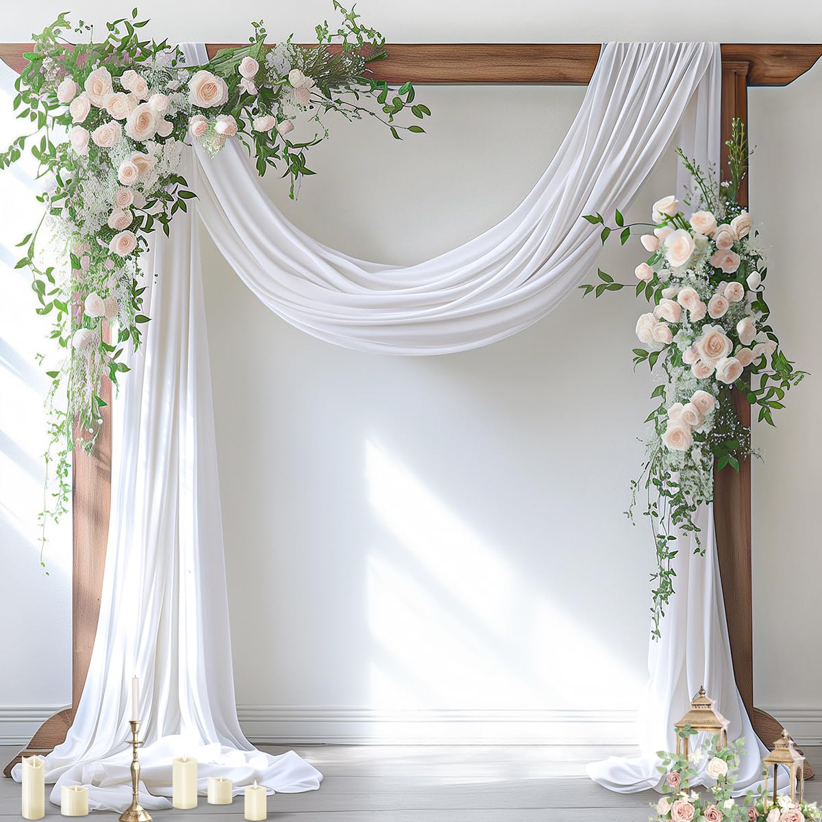 Socomi white sheer arch drape hangs softly for wedding ceremony backdrop