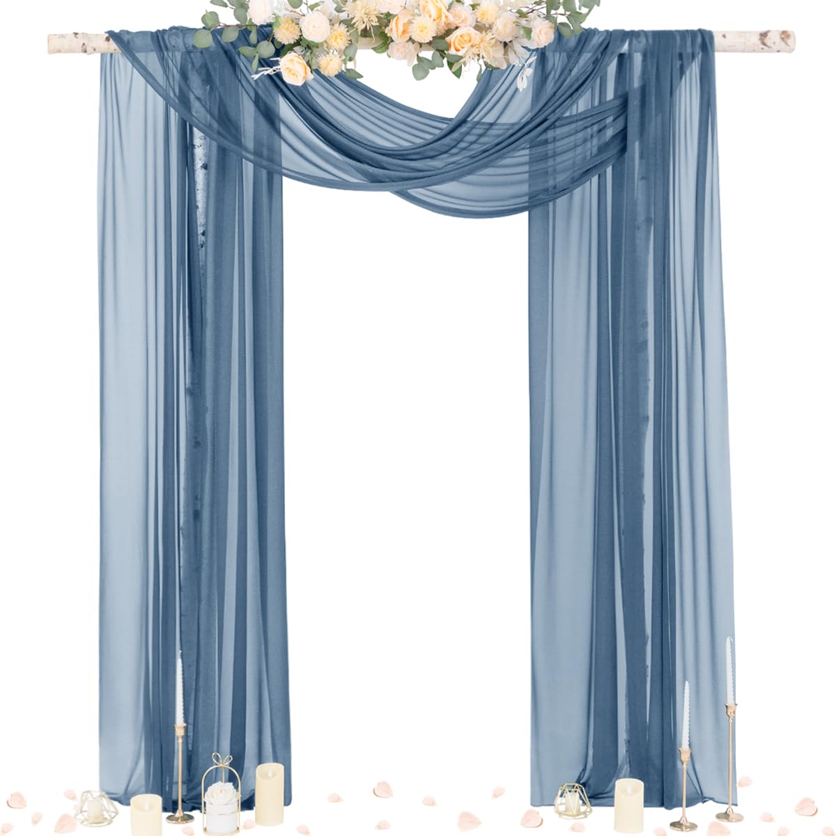 Socomi dusty blue sheer arch drape panel creates soft romantic backdrop for ceremonies