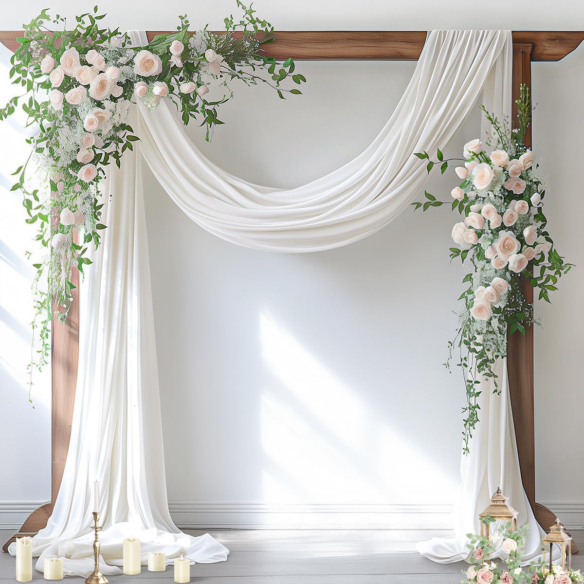 Socomi Ivory White arch draping fabric closeup, silky texture for elegant ceremony decor.
