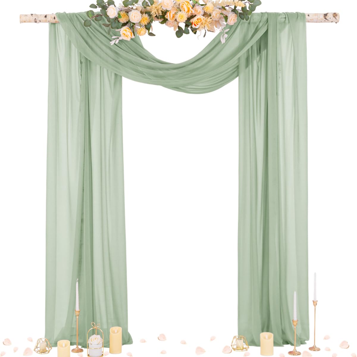 Socomi sage green sheer arch drape over wedding arch creates romantic backdrop
