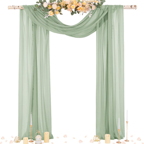 Socomi sage green sheer arch drape over wedding arch creates romantic backdrop