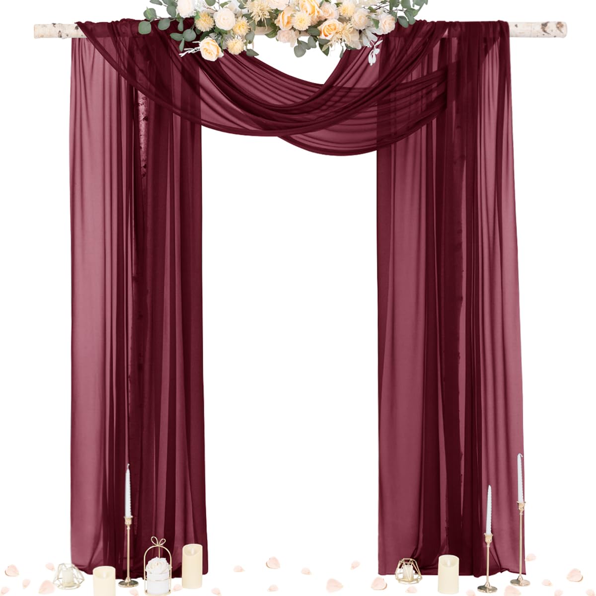 Socomi burgundy sheer panel drape on a wedding arch creates a soft, romantic backdrop.