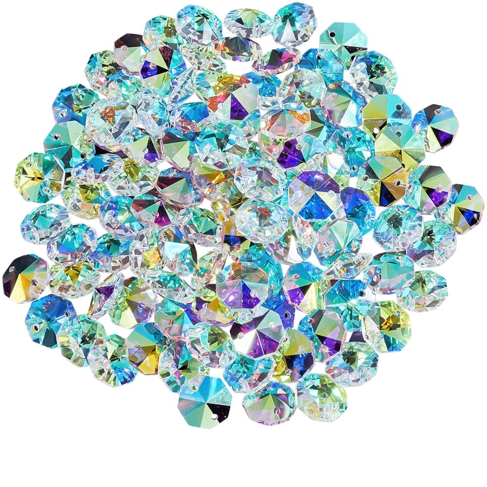 SOFPLATE 14mm crystal octagon beads with dual holes for chandelier hanging and jewelry making.
