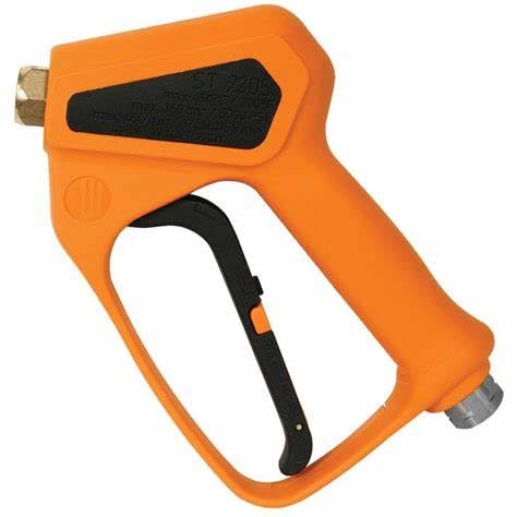 Soft Wash Depot Suttner ST-2305 orange spray gun enables high-psi cleaning with easy-pull trigger.