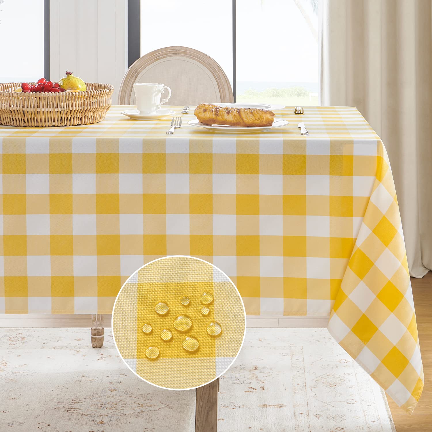 Softalker gingham tablecloth yellow and white, 60x84, versatile for indoor and outdoor dining.