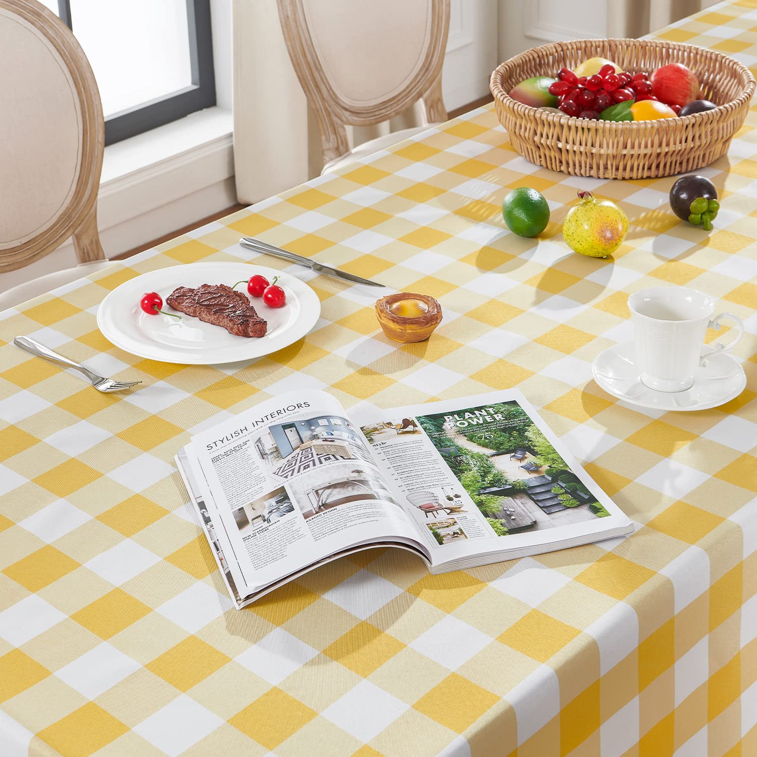 Softalker stain-resistant tablecloth close-up shows durable polyester fabric.