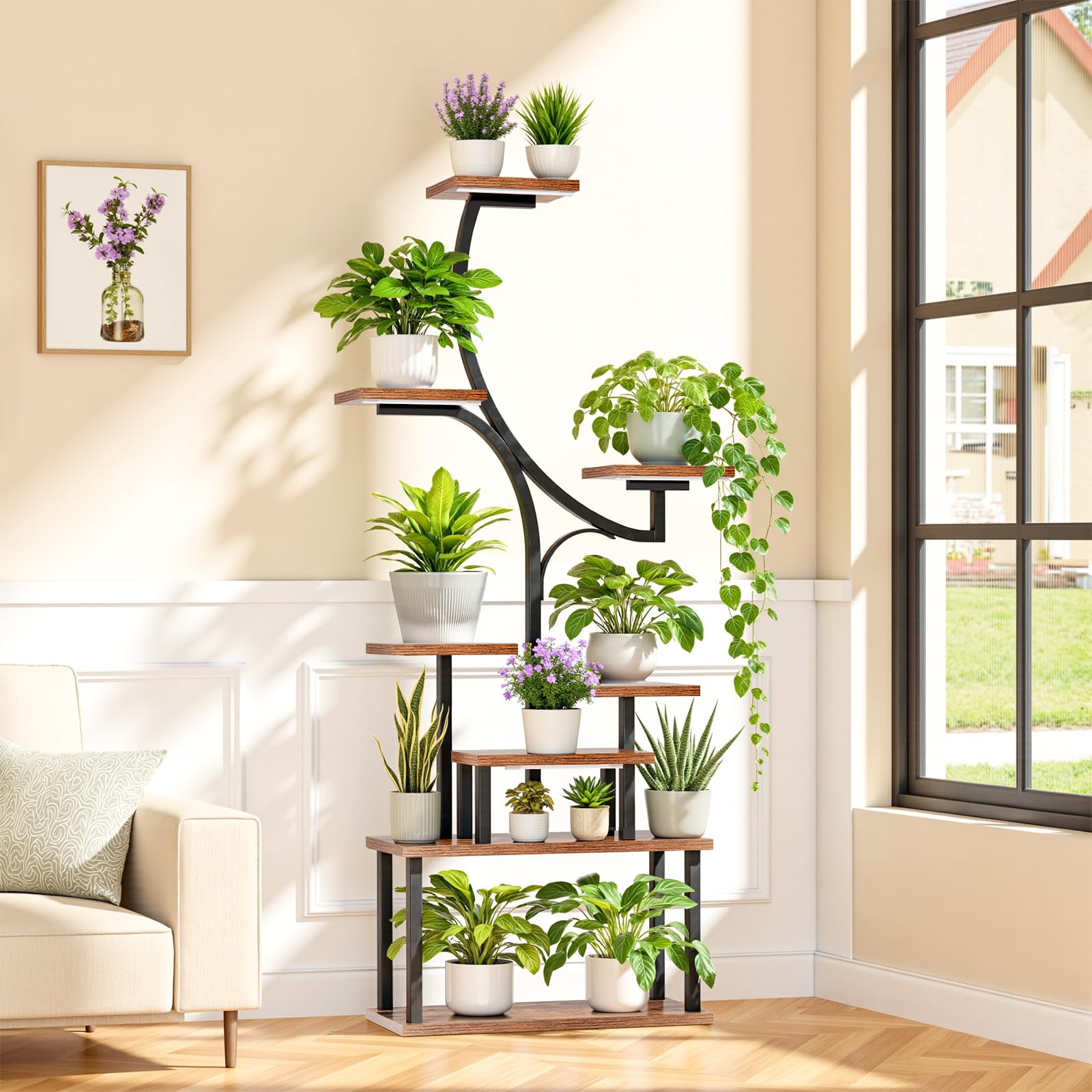 Softeen 63-inch tall shelf showcasing eight tiers for lush display.