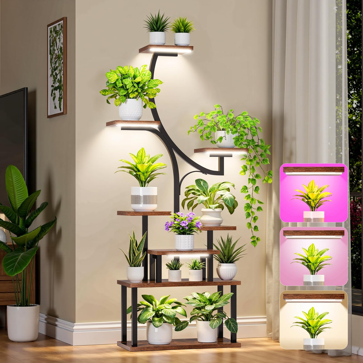 Softeen plant stand with four grow lights promoting healthy indoor greens.