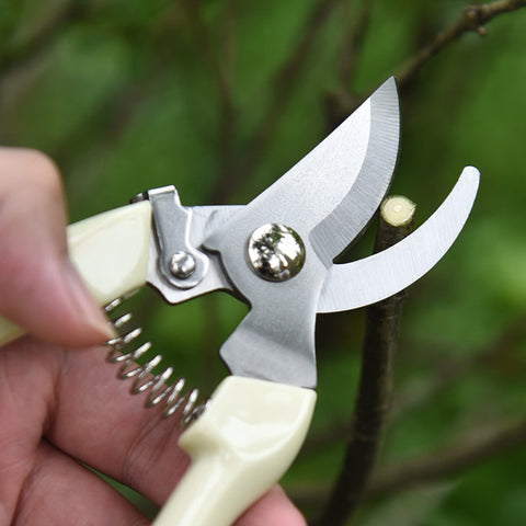 SoftSense curved-grip garden scissors reduce hand strain during extended pruning.