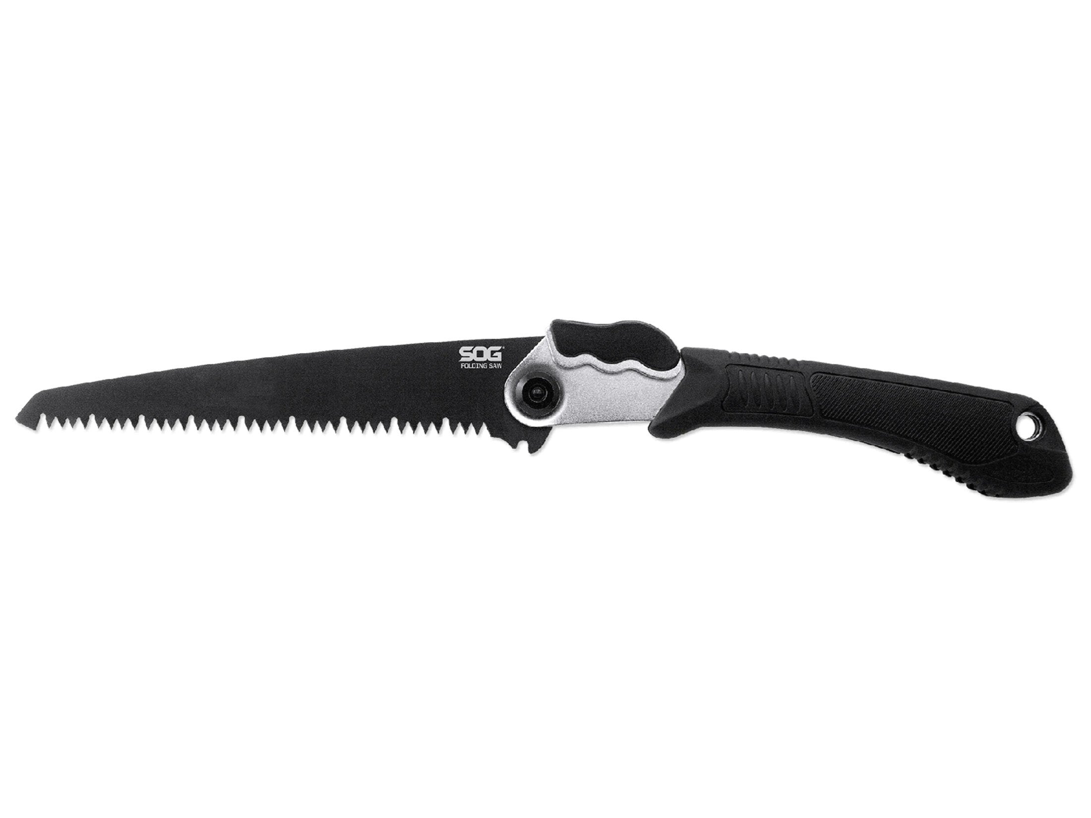 SOG Folding Saw with 8.25-inch blade cuts branches and brush in outdoor tasks.