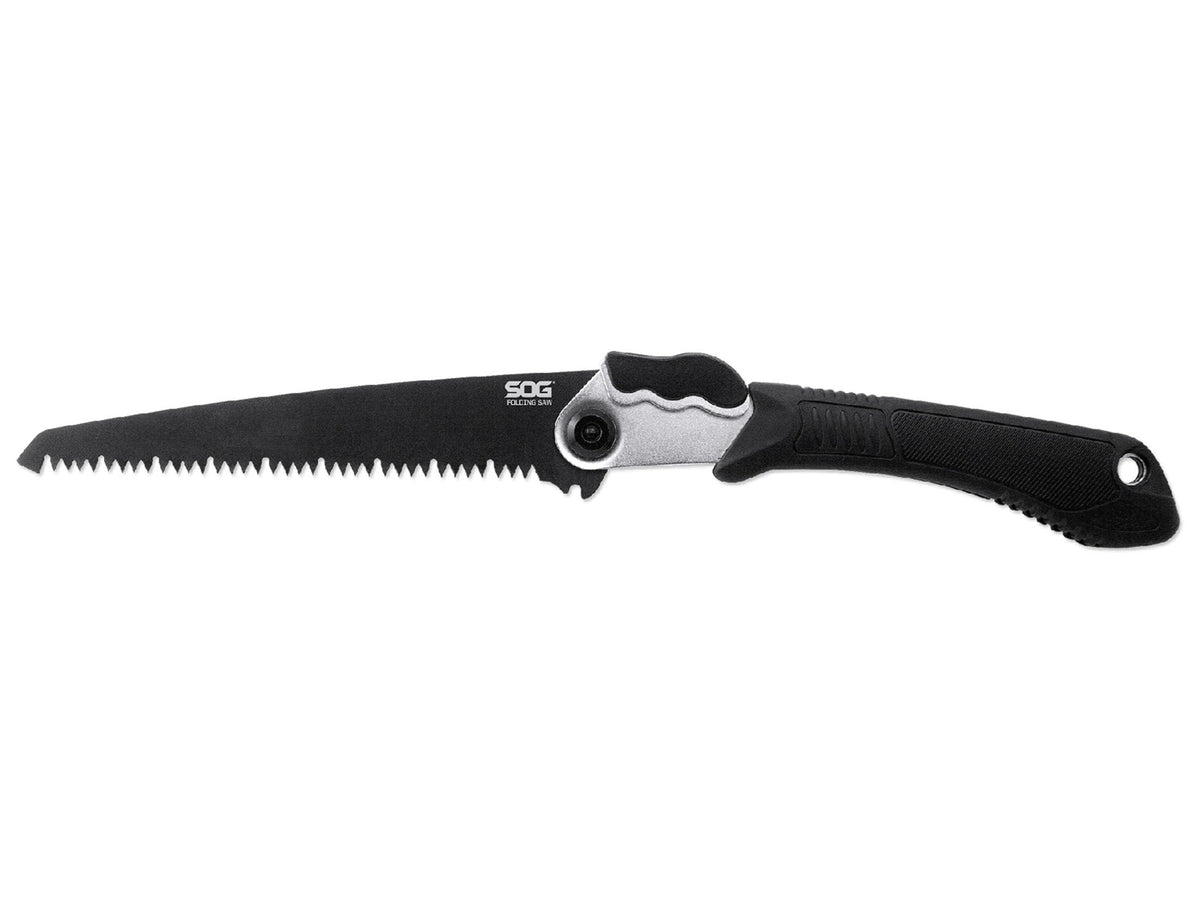 SOG Folding Saw with 8.25-inch blade cuts branches and brush in outdoor tasks.