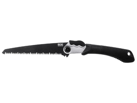 SOG Folding Saw with 8.25-inch blade cuts branches and brush in outdoor tasks.
