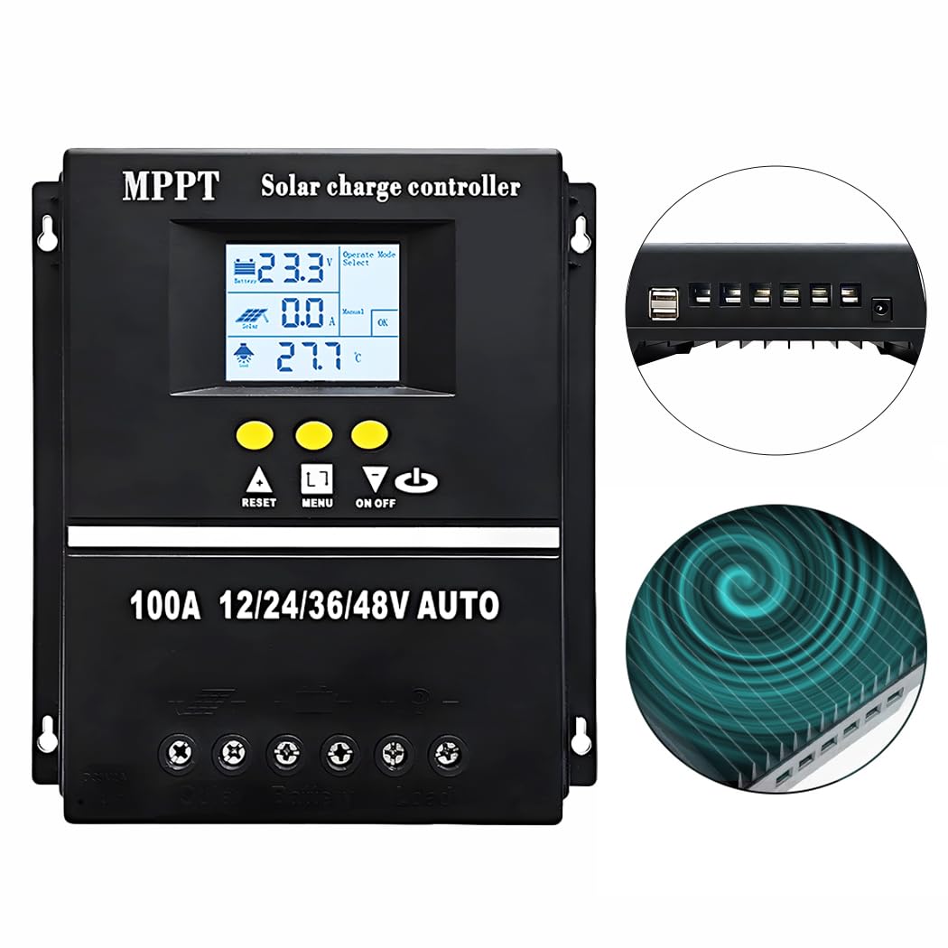 SOGTICPS 100A MPPT controller LCD display shows real-time charging data