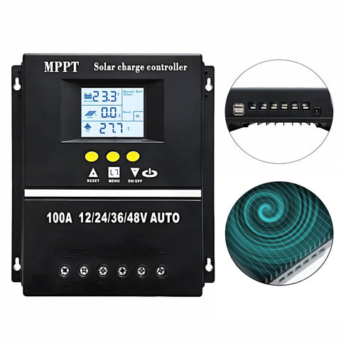 SOGTICPS 100A MPPT controller LCD display shows real-time charging data