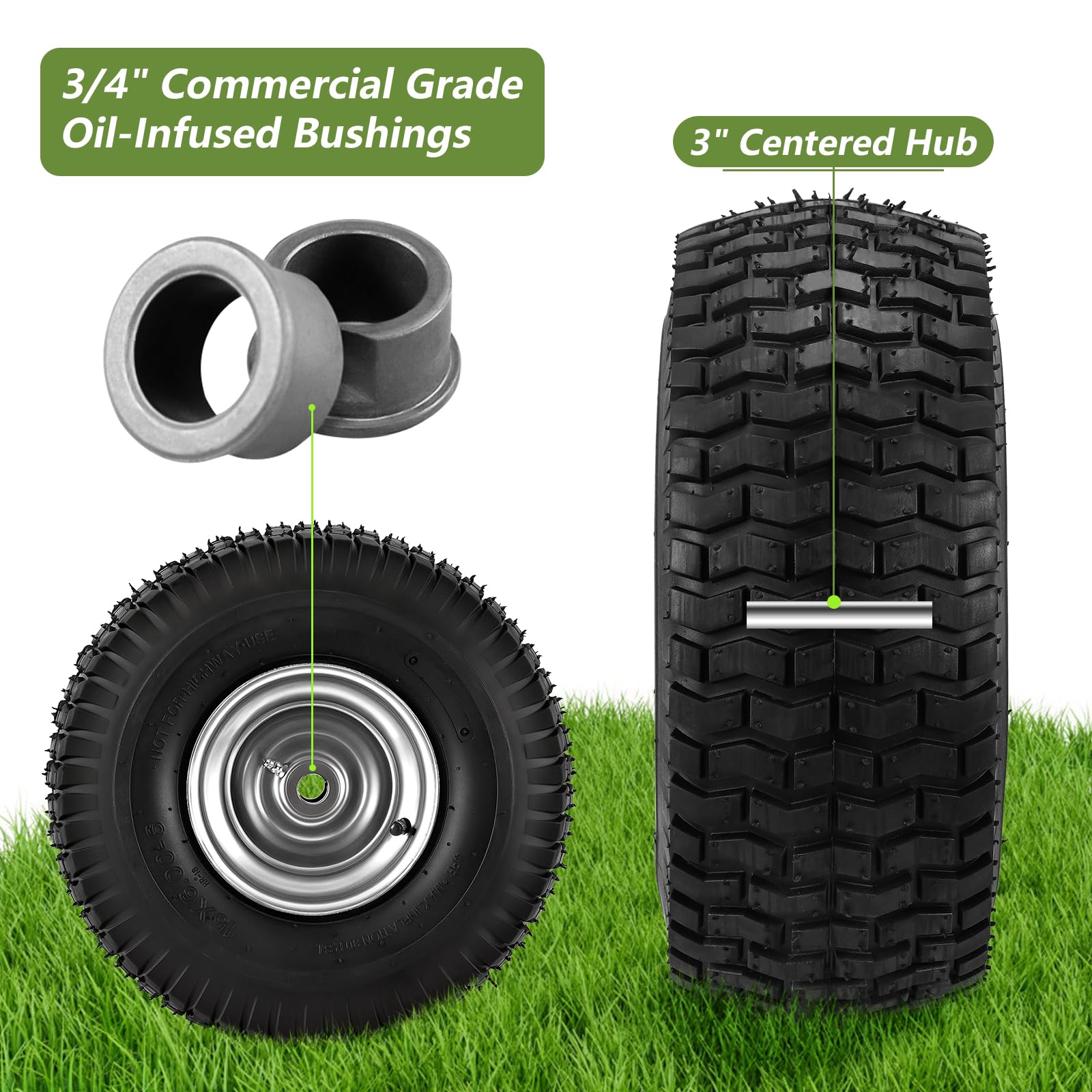 Soiiw natural rubber 4-ply front tire provides durable grip and smoother ride on turf.