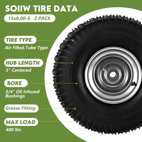 Soiiw tire-wheel assembly showing 15x6-00-6 front tire for riding mowers.
