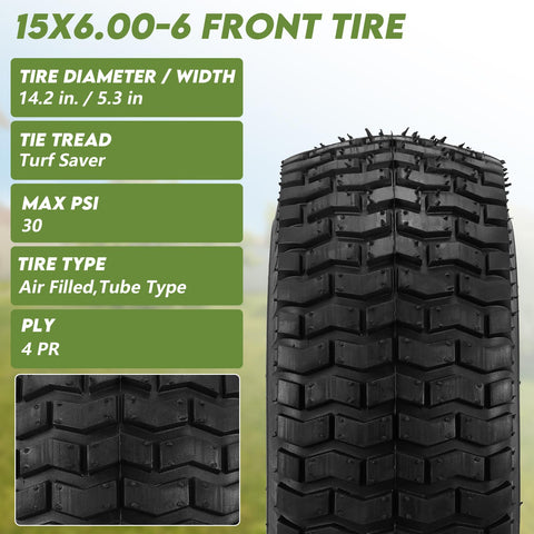 Soiiw turf-tread front tire minimizes grass damage while improving traction.