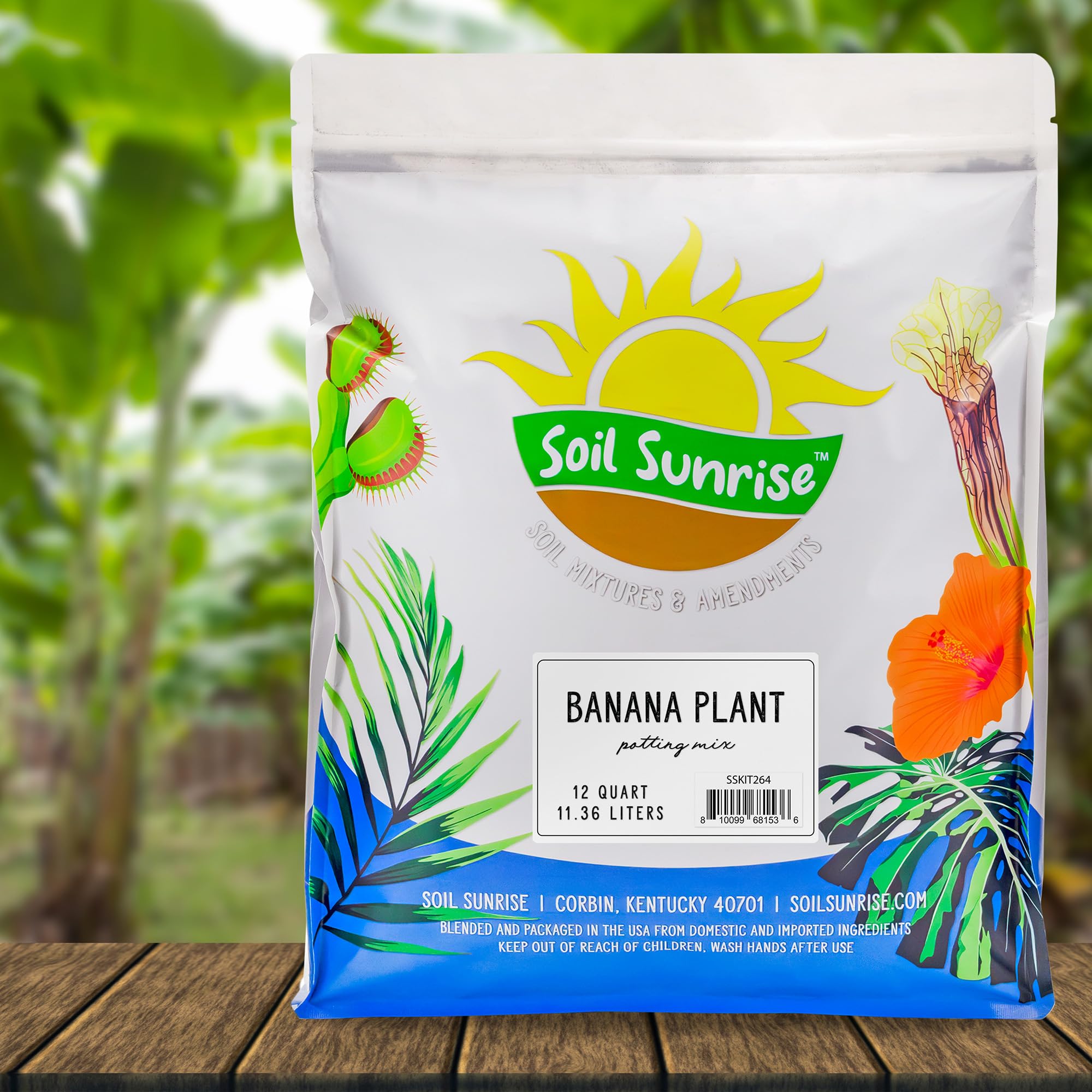 Soil Sunrise 12qt bag label highlights natural, USA-made blend for banana care.