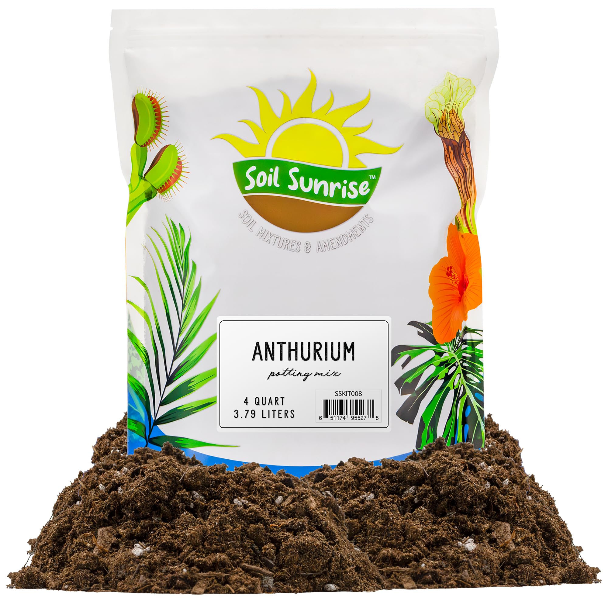 Soil Sunrise Anthurium potting soil bag front shows ready-to-use mix for healthy blooms.