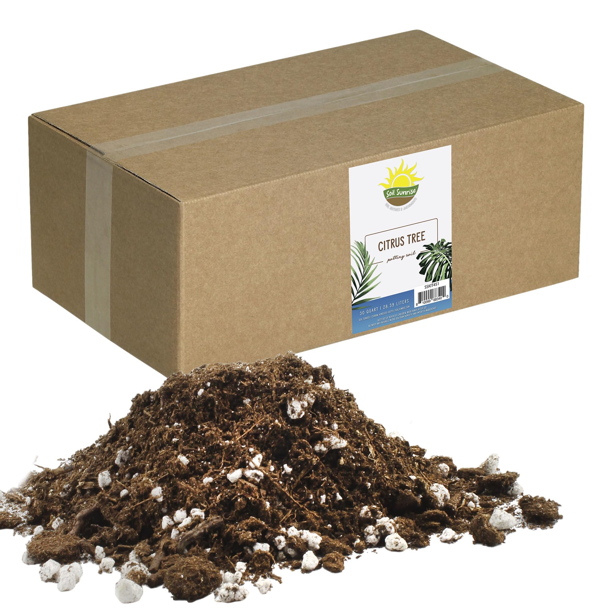 Soil Sunrise citrus tree potting soil in a 30-quart bag for containers.