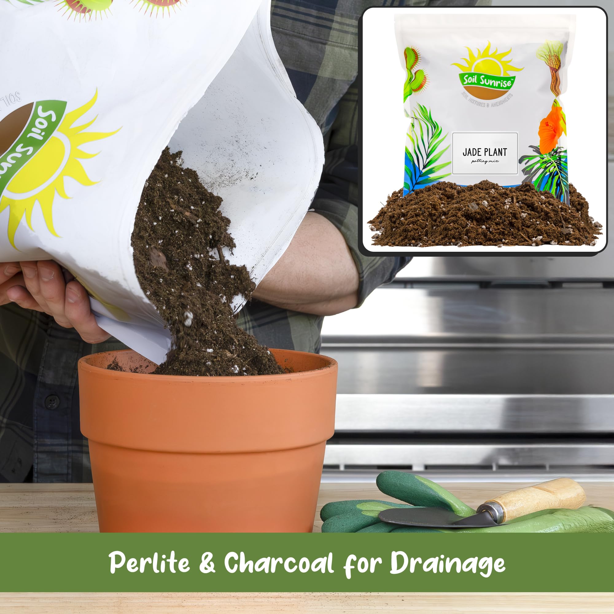 Soil Sunrise Jade mix coarse texture supports drainage and airflow.