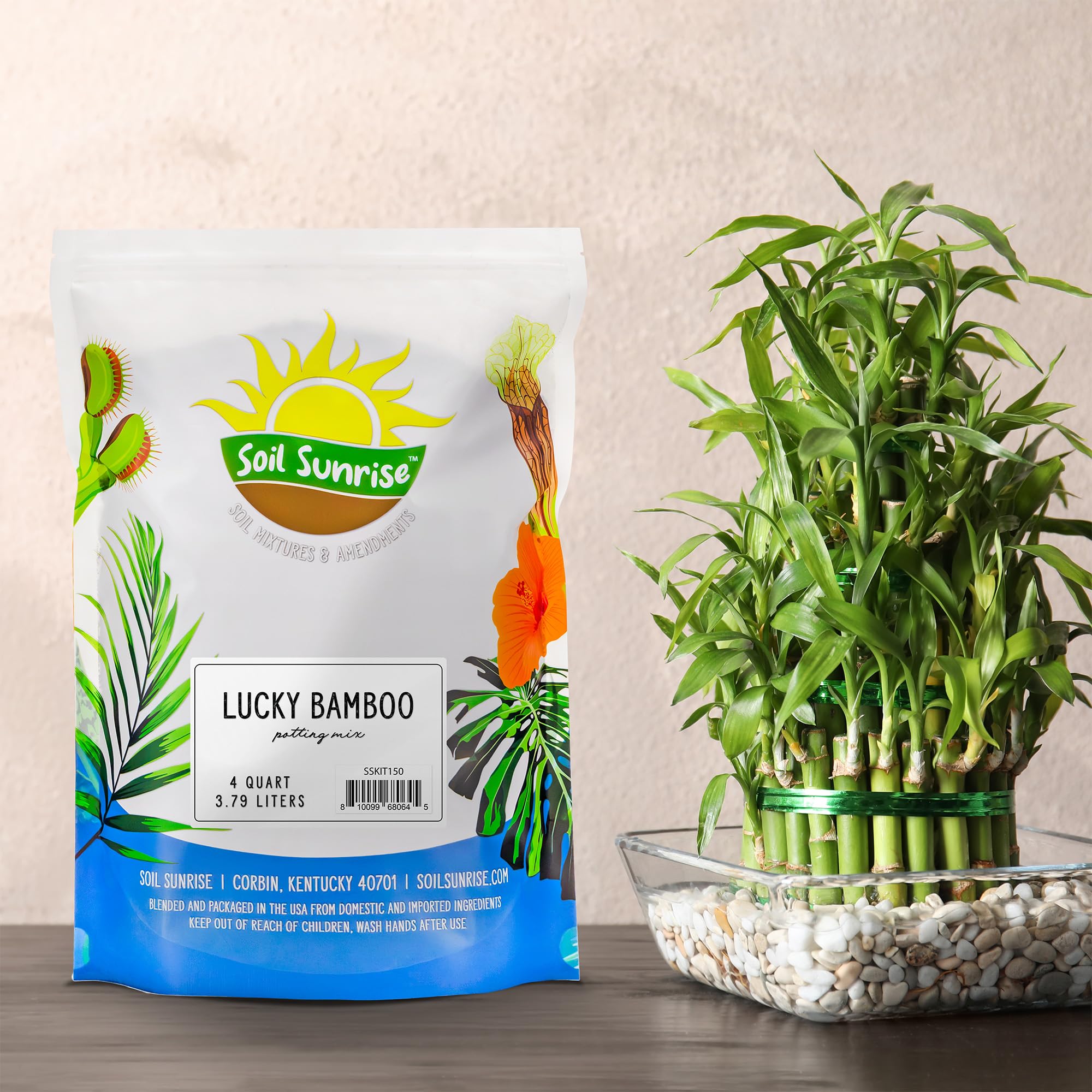 Soil Sunrise Lucky Bamboo potting mix ingredients closeup highlighting peat, perlite, and worm castings.